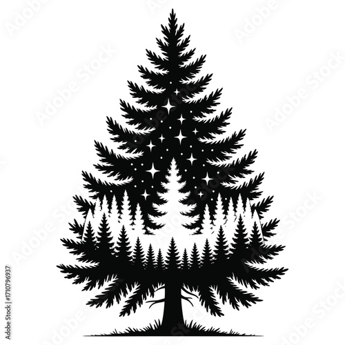 Black Silhouette of Pine Tree with Inner Forest and Stars white background