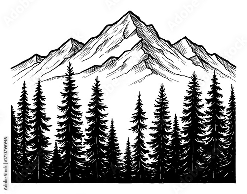 Mountain Range and Pine Trees Forest Coloring Book Style Black and White Outline Line Art Drawing Illustration