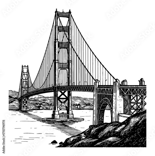 Iconic Golden Gate Bridge Landmark Detailed Black and White Outline Line Art Drawing Engraved Illustration