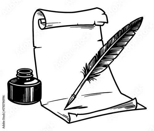 Quill Pen Inkwell and Scroll on Paper Vintage Black and White Outline Line Art Drawing