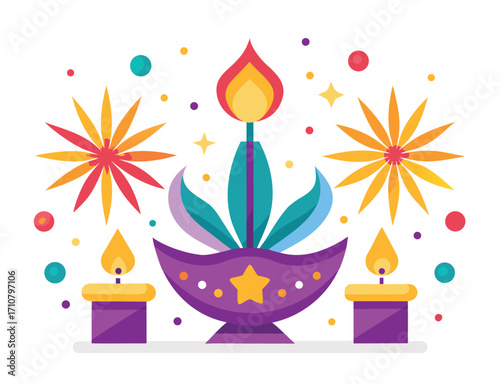 Diwali festival illustration with diya oil lamps and fireworks celebration design