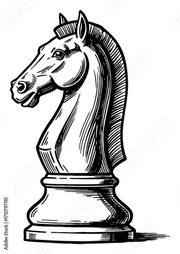 Vintage Engraving Style Realistic Horse Chess Piece Black and White Outline Line Art Drawing