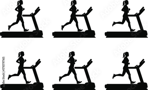 Female silhouette running on treadmill, fitness vector illustration set, gym workout motion sequence, cardio exercise, health training concept design