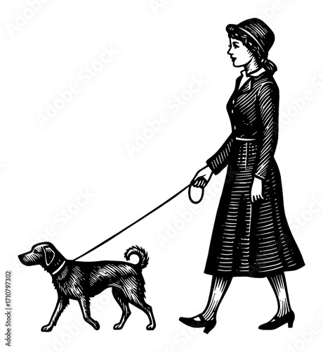 Vintage Woman Walking a Dog on Leash Black and White Outline Line Art Drawing Illustration