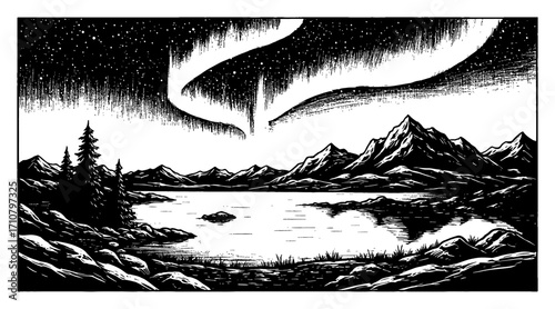 Arctic Landscape with Lake Mountains Aurora in Coloring Book Style Black and White Outline Line Art Drawing