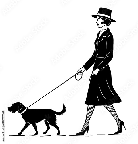 Elegant Lady Wearing Hat Coat High Heels Walking Dog on Leash Black and White Outline Line Art Drawing