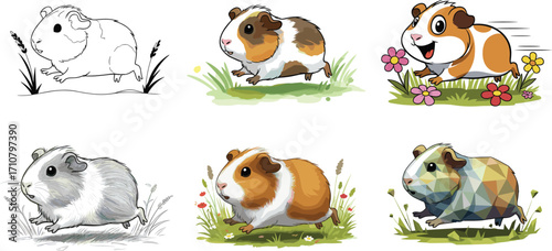 Guinea pig illustrations in six unique artistic styles including cartoon, watercolor, sketch, realistic, low-poly, and black-and-white line art.