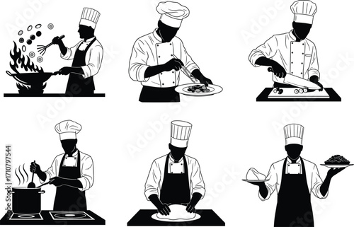 Professional Chef Cooking Set – Black and White Vector Silhouettes of Kitchen Activities and Food Preparation