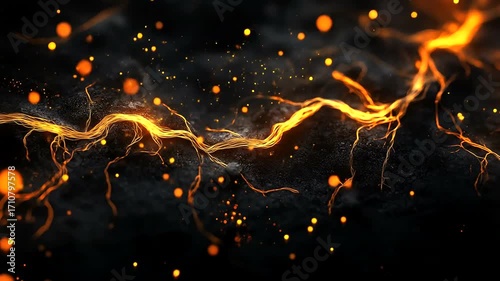 Abstract design with flowing, orange lines on a dark textured surface, dotted with small glowing particles.