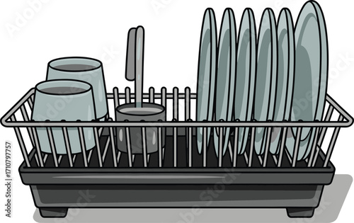 Detailed dish drying rack filled with plates cups and utensils for kitchen cleaning