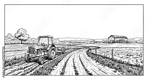Rural Area Landscape with Tractor and Barn Coloring Book Style Black and White Outline Line Art Drawing