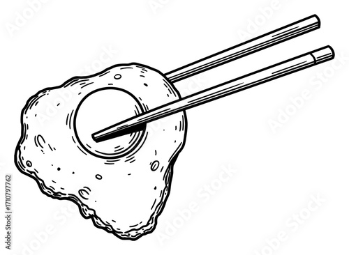 Delicious Sunny Side Up Egg Held by Long Chopsticks Hand Drawn Black and White Outline Line Art Drawing
