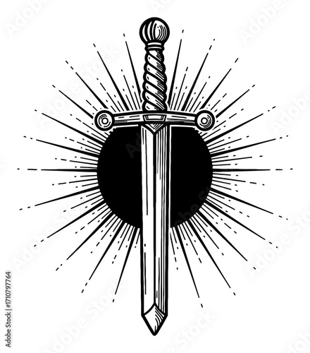 Excalibur Sword with Sun Ray Shining Effect Vintage Etching Black and White Outline Line Art Drawing