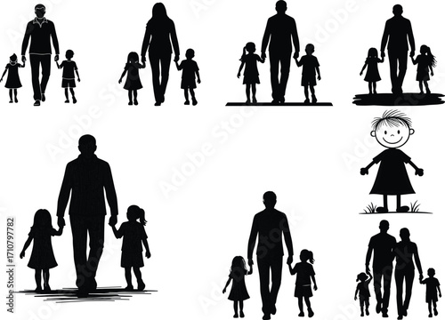Silhouette Family Figures Walking Together – Father, Mother, Children, Kids, Parent-Child Bond, Vector Art, Black and White, Simple Design