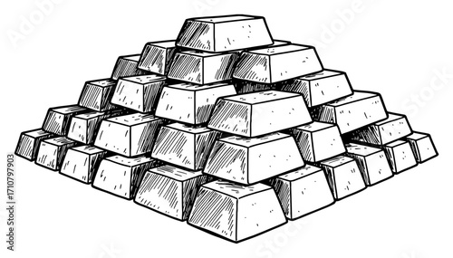 Huge Giant Pile of Blank Gold Bars Simple Style Financial Black and White Outline Line Art Drawing