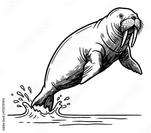 Cute Walrus Jumping from Water Cartoon Style Black and White Outline Line Art Drawing