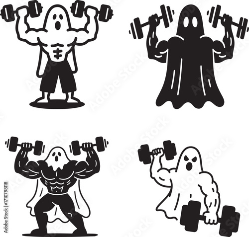 Silhouette illustrations of muscular Halloween ghosts performing various weightlifting or gym exercises