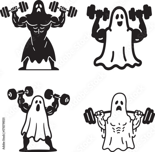 Silhouette illustrations of muscular Halloween ghosts performing various weightlifting or gym exercises