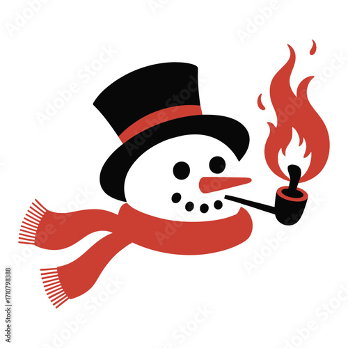 Snowman wearing a top hat and scarf smoking a pipe with a flame winter character