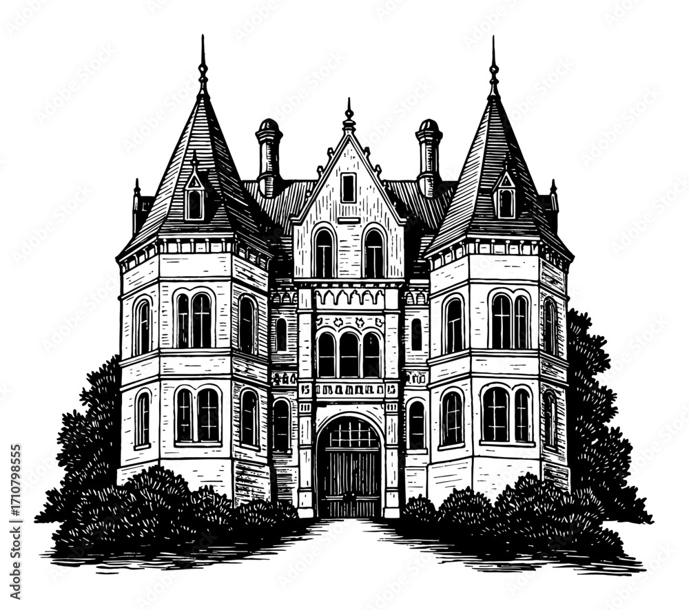 Fototapeta premium Big Castle Front View Detailed Black and White Outline Line Art Drawing Vintage Architecture