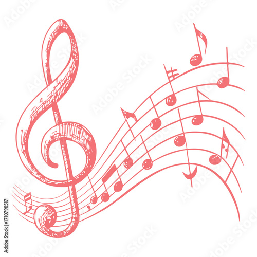 Hand-drawn treble clef with musical notes illustration. Artistic sketch design perfect for posters, backgrounds, and creative projects. Ideal for music, art, and graphic design.