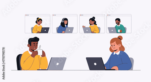 Virtual team meeting: diverse colleagues collaborate remotely via video conference.