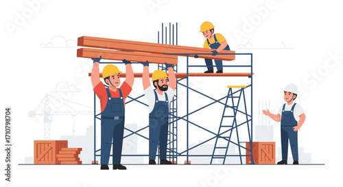 Construction workers on scaffolding, carrying lumber and communicating, urban background.