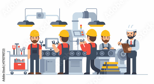 Factory workers on an assembly line, overseen by a supervisor.