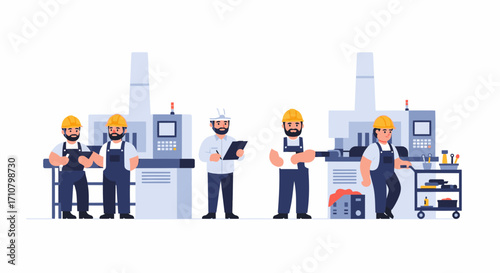 Factory workers and supervisor oversee industrial machinery operation.