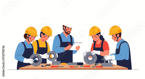 Team of engineers and technicians collaborating on precision manufacturing.