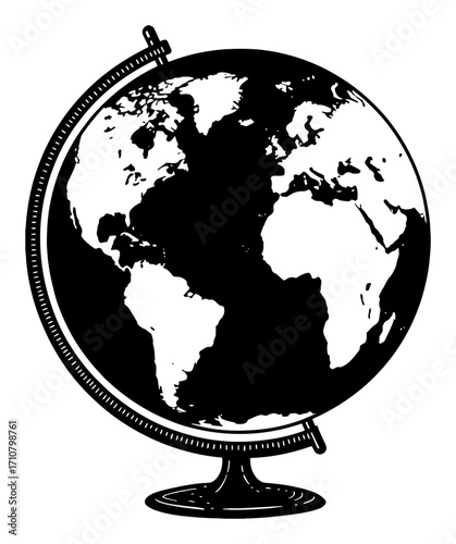 Earth Globe World Planet on Stand Black and White Outline Line Art Drawing Vintage Style