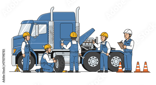 Team of mechanics performing comprehensive maintenance on a large blue semi-truck.