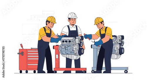 Three mechanics in a workshop assembling a car engine with specialized tools and equipment