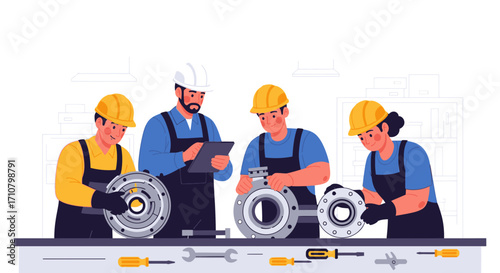 Skilled professionals collaborating on industrial machinery assembly and maintenance, highlighting teamwork and expertise in a workshop environment