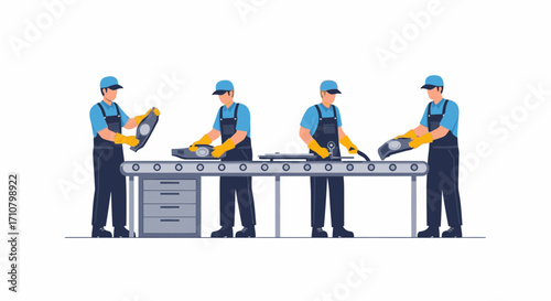 Factory workers assembling car parts on a conveyor belt.
