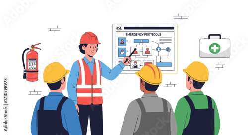 Professional safety instructor educates a diverse team of industrial workers on crucial emergency protocols and essential workplace health and safety standards
