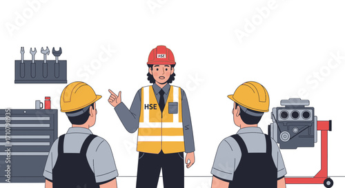 Professional industrial team leader providing essential health and safety training to mechanics in a modern workshop