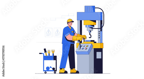 Industrial worker in a uniform and helmet operating heavy factory machinery from a control panel. Vector illustration of a manufacturing process
