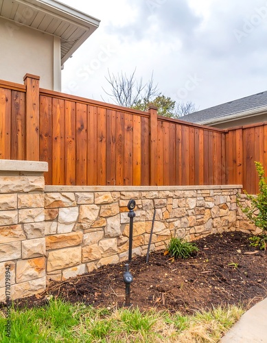 Backyard fence and stone wall