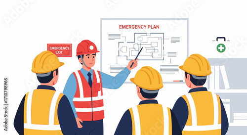 Team training session on emergency preparedness plan presentation and safety protocols in a construction or industrial setting