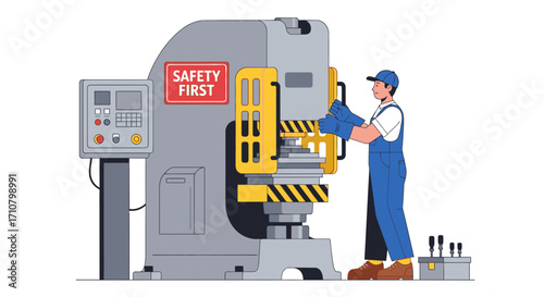 A worker in overalls operates a large industrial press machine, emphasizing safety protocols.