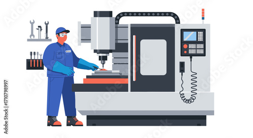 A technician operates a CNC milling machine, precision machining a metal workpiece.