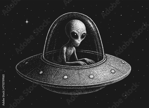 Vector stippling illustration of an alien sitting inside a classic flying saucer spaceship in outer space.Hand-drawn detailed artwork in dotwork style.