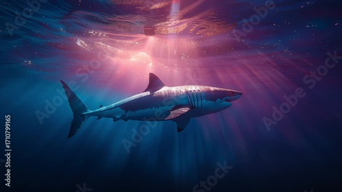Wallpaper Mural Shark swimming in deep ocean with dramatic sunlight rays underwater scene Torontodigital.ca