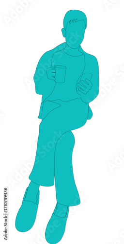hombre con taza de café y teléfono móvil - silueta vectorial minimalista - fondo transparente - png