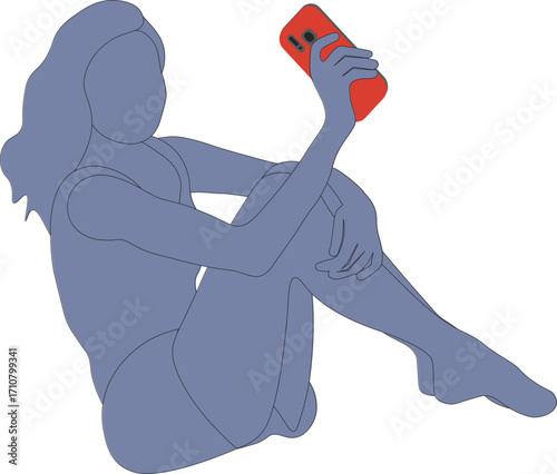 mujer sentada usando teléfono móvil - silueta  vectorial minimalista
