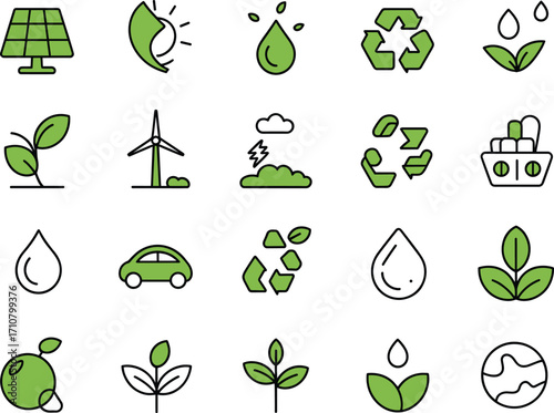 Collection of green nature and eco friendly icons with a hand drawn artistic touch