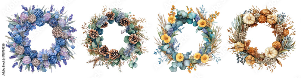 Fototapeta premium PNG Rustic floral wreaths collection, element set on transparent background