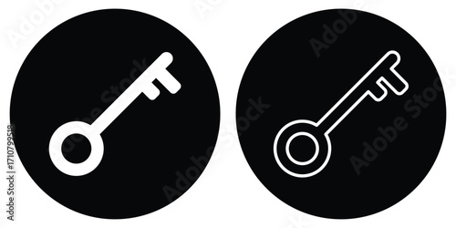 Unlock keyword signs set on white page. Silhouette key icon set on isolated white page. Black isolated vector key icon set on white background. Dark black circle key icon silhouette. EPS 10. 