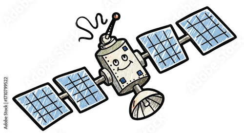 A cheerful cartoon satellite with solar panels and a smiling face drawn in a playful, childlike style with crayon on a white background.